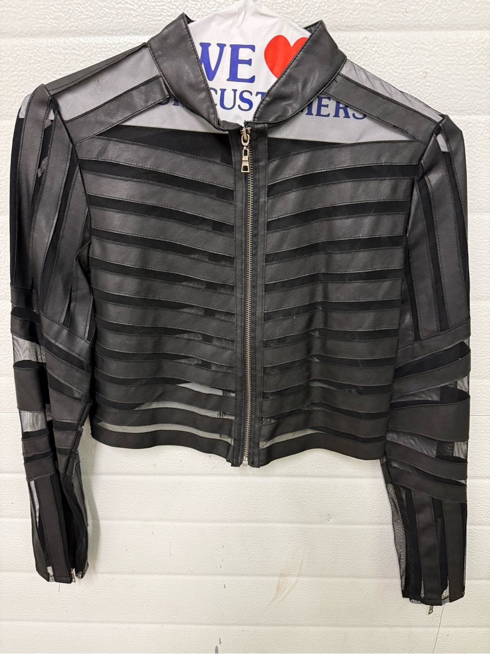 Manifesto Black Sheer Panel Zip-Front Leather-Trim Jacket